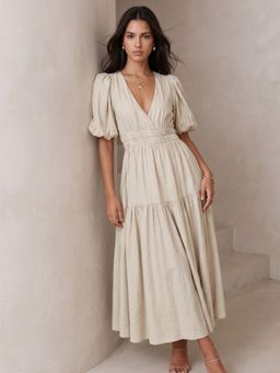 Outzidr - Off White Puff Sleeve Tiered Dress