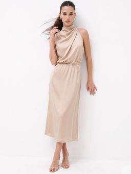 Outzidr - Cream High Neck Flared Dress