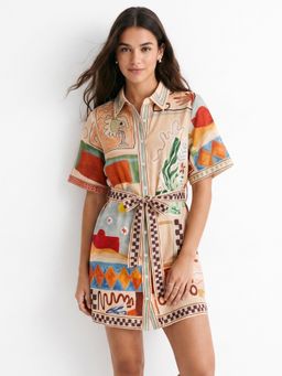 Outzidr - Multi-Color Waist Tie-Up Printed Dress