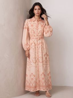 Outzidr - Peach Bishop Sleeve Printed Dress with Belt