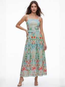 Outzidr - Multi-Color Spaghetti Strap Placement Printed Dress with Belt