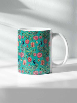 Macmerise - Payal Singhal Anaar and Mor Teal Ceramic White 325ml Coffee Mug