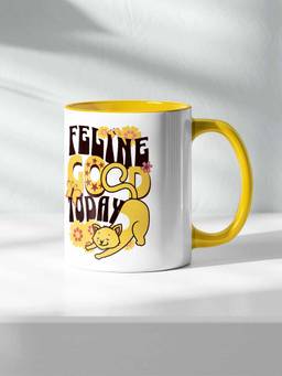 Macmerise - Feeling Good Cat Ceramic Handle & Inside Yellow 325ml Coffee Mug