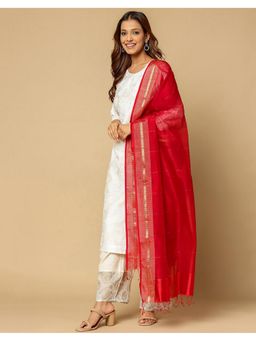 Fabindia - Red Cotton Silk Blend Maheshwari Dupatta