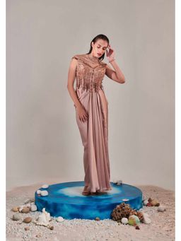 ONE KNOT ONE - Beige Gradient Embroidered Cutwork Detail Drape Gown