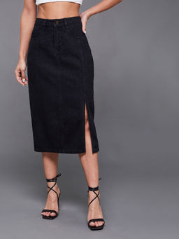Miss Chase - Womens Black Straight-Fit High-Rise Stretchable Denim Midi Skirt