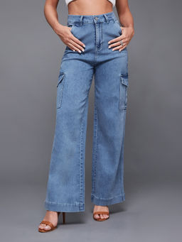 Miss Chase - Women Light Blue Wide-Leg High-Rise Flared Cargo Jeans