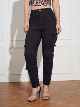 Miss Chase - Womens Black Regular High Rise Clean Look Stretchable Denim Joggers