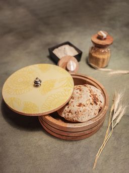 IREKA HOMES - Mango Wood & Enamel Chapati Box for Kitchen with Lid