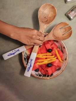 IREKA HOMES - Mango Wooden Serving Spoons with Enamel (Pack of 2)
