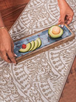 IREKA HOMES - Rectangular Acacia Wood Server with Blue Floral Enamel