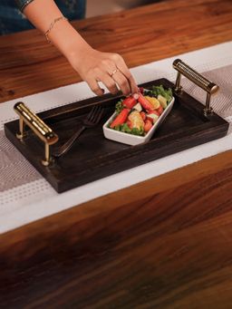 IREKA HOMES - Acacia Wood Tray with Metal Handles