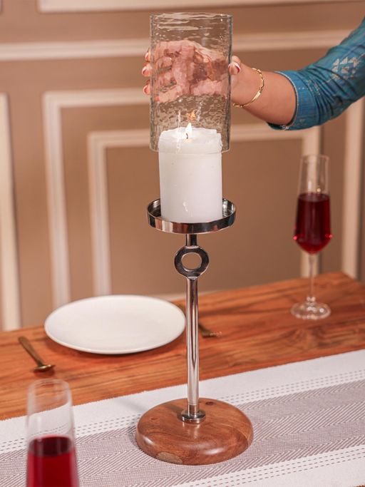 IREKA HOMES Aurora Acacia Wood T-Light Holder with Metal Stand & Glass