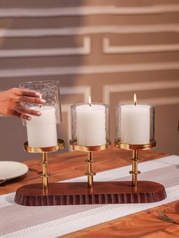 IREKA HOMES - Glory Acacia Wood T-Light Holder with Metal Stand & Glass