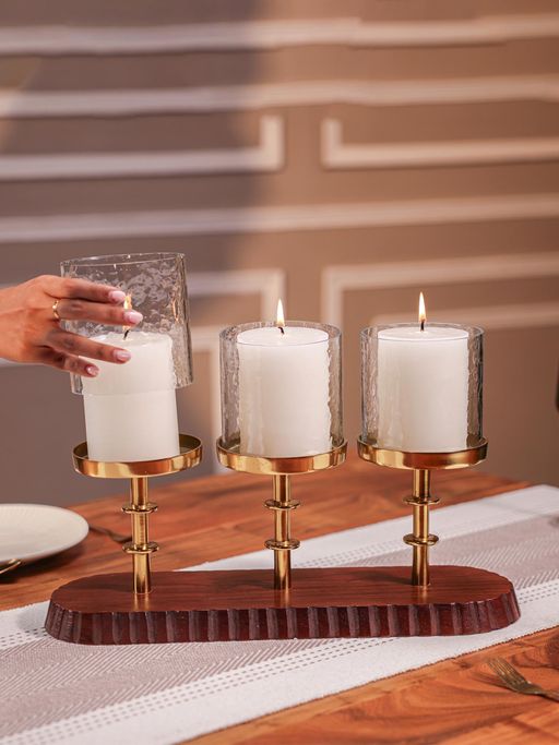 IREKA HOMES Glory Acacia Wood T-Light Holder with Metal Stand & Glass