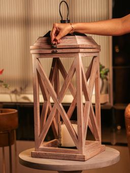 IREKA HOMES - Selena Acacia Wood Lantern with Glass