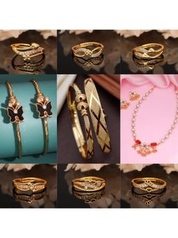 Gahan - Pack of 4 Gold Plated Bangle and 6 Rings with Necklace Set for Women