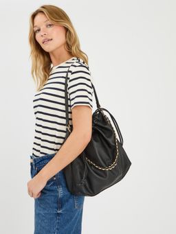 Accessorize London - Womens Large Drawstring Shoulder Bag with Detachable Chain - Black
