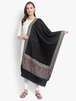 Mizash - Women Fine Wool Black Designer Stripes With Paisley Woven Shawl
