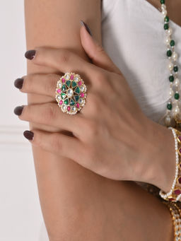 Shlok Jewels - Renbeni Jadau Pink Green Kundan Ring