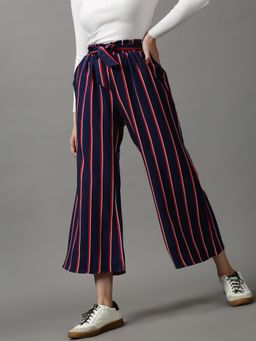 SHOWOFFFF - Women's Flat-front Striped Navy Blue Loose Fit Polyester Trousers