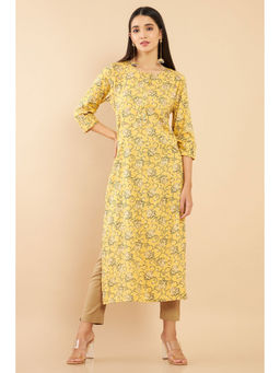 Soch - Mustard Yellow Rayon Floral Print Straight Fit Kurta