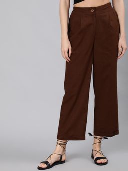 Jaipur Kurti - Women Brown Cotton Slub Straight High Rise Bottom Fold Pants
