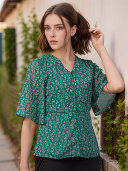 RARE - Women Green Colour Opaque Floral Print Top