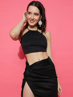 KOTTY - Women's Black Halter Neck Cotton Styled Back Crop Top
