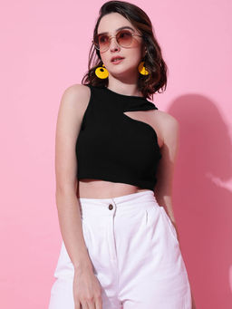 KOTTY - Women's Black Solid Round Neck Cut-Out Crop Top