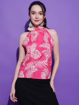 KOTTY - Women's Pink Tropical Printed High Neck Sleeveless Crepe Top