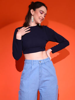 KOTTY - Women's Indigo Black Long Sleeves Crop Styled Back Top