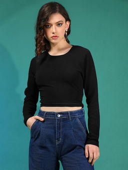 KOTTY - Women's Black Round Neck Crop Top