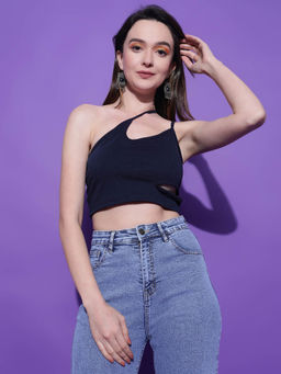 KOTTY - Women's Navy Blue One Shoulder Cut Out Sleeveless Crop Top