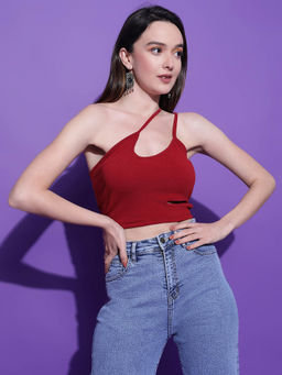 KOTTY - Women's Maroon One Shoulder Cut Out Sleeveless Crop Top