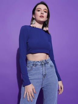 KOTTY - Women's Blue Long Sleeves Crop Styled Back Top