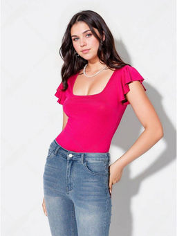 KOTTY - Women's Pink Solid Butterfly Sleeves Top