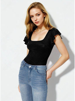 KOTTY - Women's Black Solid Butterfly Sleeves Top