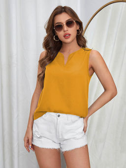 KOTTY - Women's Mustard Solid V-Neck Regular Top