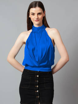 KOTTY - Women's Blue Solid Satin Halter Neck Sleeveless Top