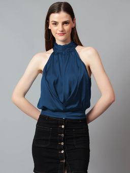 KOTTY - Women's Teal Solid Satin Halter Neck Sleeveless Top