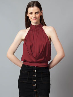 KOTTY - Women's Brown Solid Satin Halter Neck Sleeveless Top