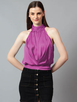 KOTTY - Women's Pink Solid Satin Halter Neck Sleeveless Top