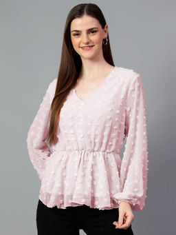 KOTTY - Women's Pink Solid V Neck Full Sleeve Top