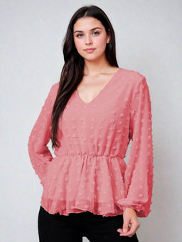 KOTTY - Women's Pink Solid V Neck Full Sleeve Top