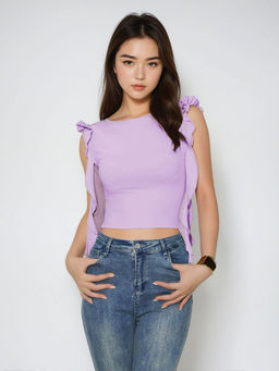 KOTTY - Women's Lavender Solid Round Neck Regular Crop Top