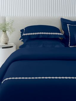 Ddecor Live Beautiful - 210 TC Cotton Embroidered Bed Sheet Set-P0021-PEARLS-MIDNIGHT BLUE (King)
