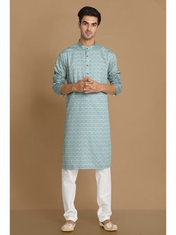 Manyavar - Blue Cotton Blend Traditional Printed Kurta For Men