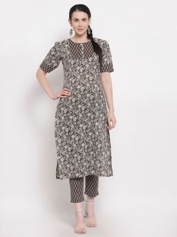 Indibelle - Cotton Coffee Brown Floral Print Straight Kurta