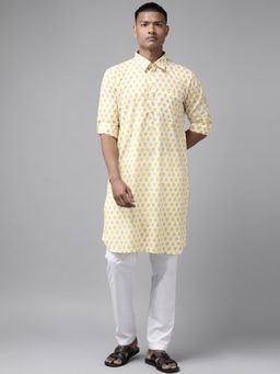 See Designs - Men Off White Regular Pathani Printed Men's Kurta with White Salwar (Set of 2)